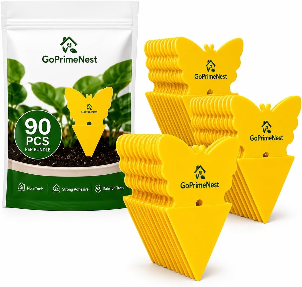 Butterfly Sticky Traps for Plants, Yellow, Non-Toxic, Strong Adhesive, 90 Pcs