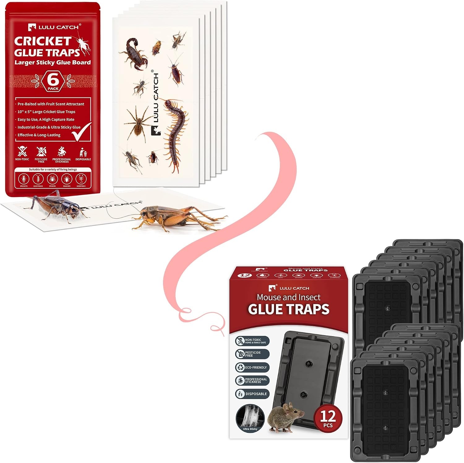 LULUCATCH Cricket Insect Glue Traps - 6 Pack Bug Traps, with LULUCATCH Mouse & Insect Traps 12 Pack, Heavier Sticky Traps with Non-Toxic Glue for Small Mice & Insects.