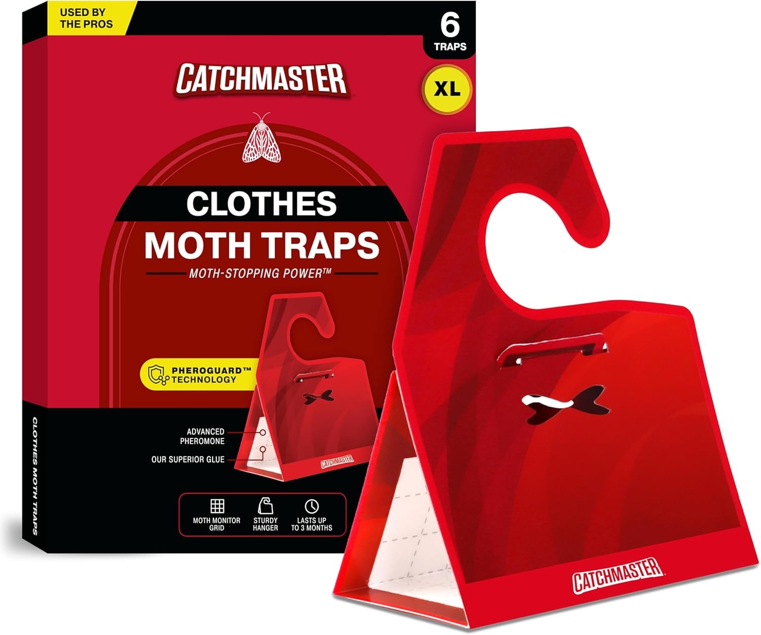 Catchmaster Clothing Moth Traps with Premium Extra Strength Odorless Pheromone Technology u2013 Red, XL, Extra-Strength Glue u2013 Traps & Targets Casemaking and Webbing Moths - 6-Pack