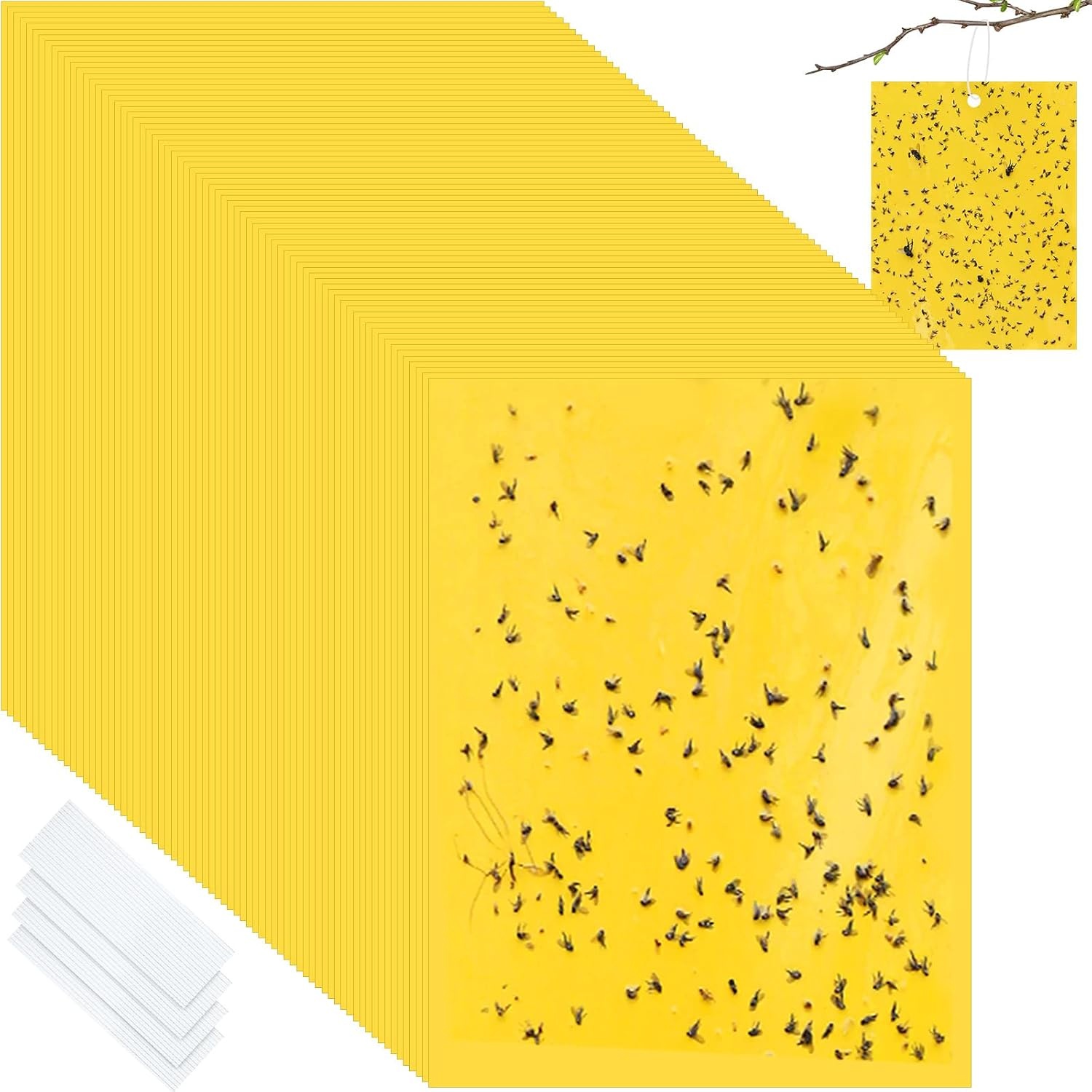 Qualirey 100 Pcs 6x8 Inch Yellow Sticky Traps for Gnats, Dual-Sided Sticky Gnat Traps for Indoor Outdoor Plants, Pest Control for Fungus Gnats, Fruit Flies, Whiteflies u2013 Bulk Pack with Twist Ties