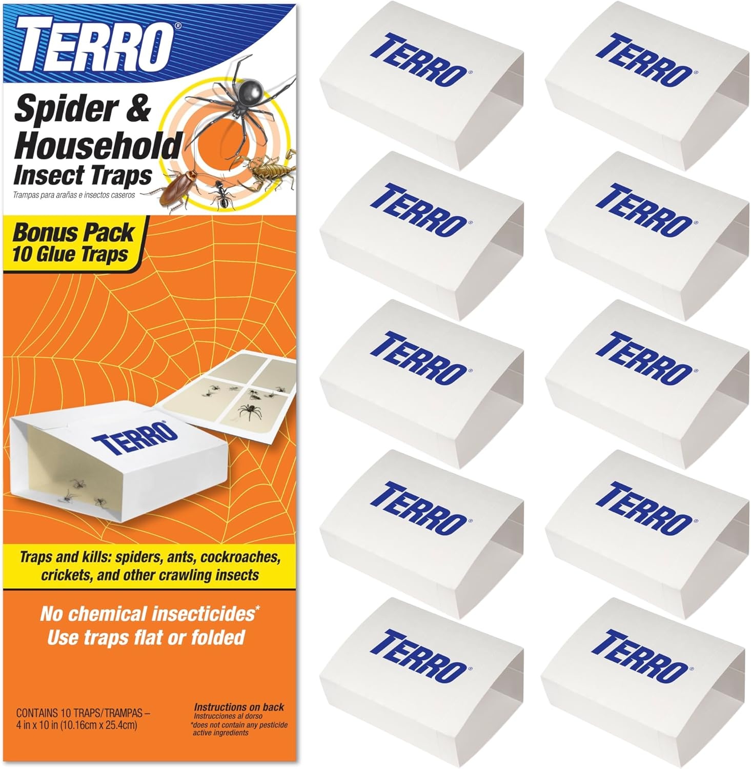 TERRO Spider & Insect Trap, 10-Pack Sticky Glue Traps | Kills Roaches, Spiders, Ants, Cockroaches, Crickets, Indoor Bug Catcher Pest Control Traps, 4.25 in x 10 in, T3206-10
