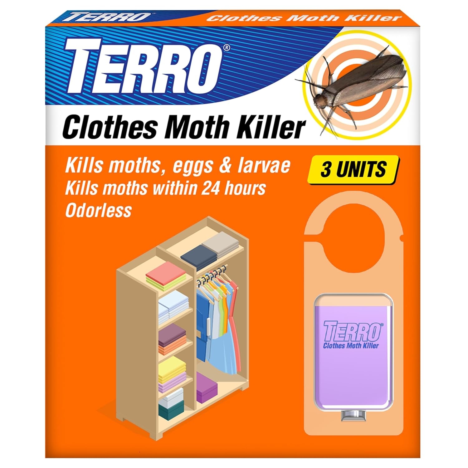 TERRO Clothes Moth Killer, 3-Pack, Kills Adult Moths, Larvae & Eggs | Fast-Acting Odorless Formula, 24 Hour Protection for Closets Wardrobes Drawers Storage Areas, Treats 3 Standard Closets