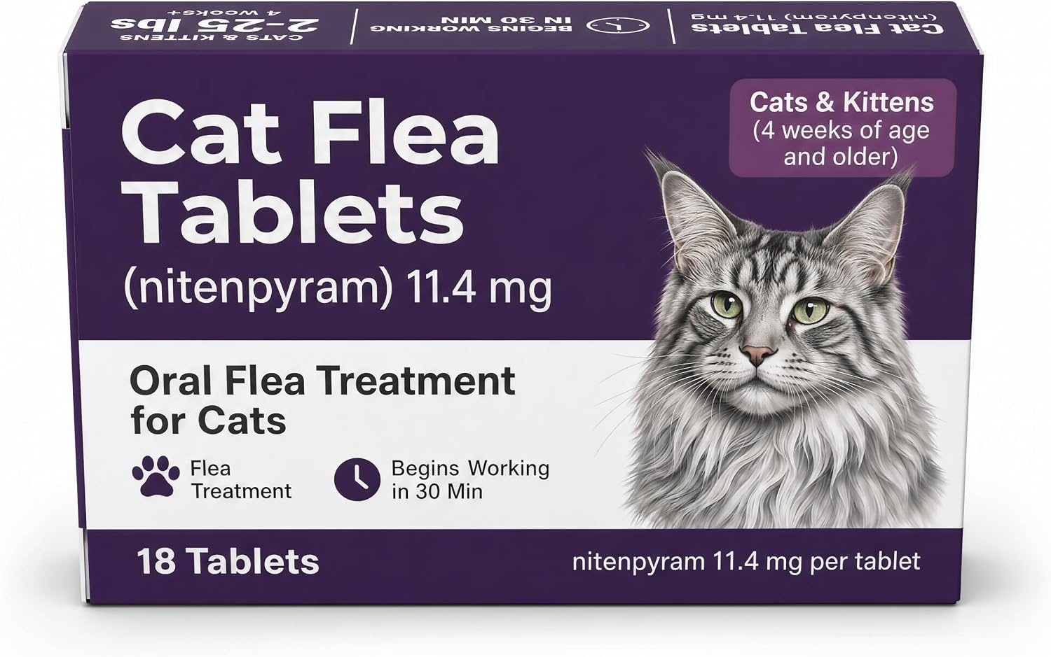 Cat Flea Tablets for Cats & Kittens, Nitenpyram 11.4 mg, 18 Oral Tablets | Oral cat flea tablets with nitenpyram 11.4 mg; 18-count pack for cats and kittens 2 lb and up