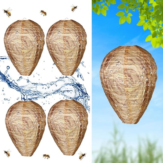 4 Pcs Wasp Trap, Wasp Traps Outdoor Hanging, Waterproof Polyester Fake Wasp Nest Decoy, Yellow Jacket Hornet Bee Trap, Wasp Repellent for Home Garden